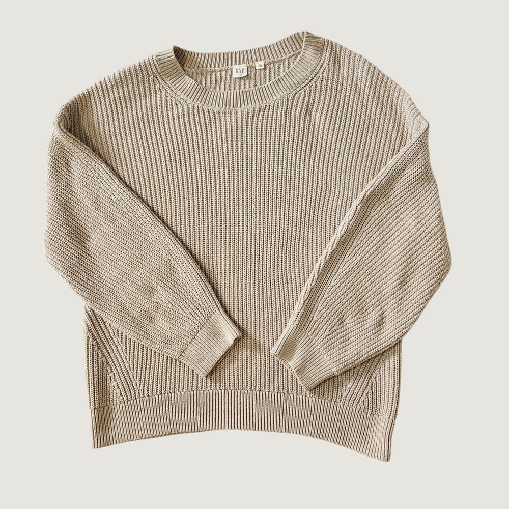 Gap Shaker Stitch Sweater Womens XL Tan Cotton Blend Coastal Cozy Fisherman Chic